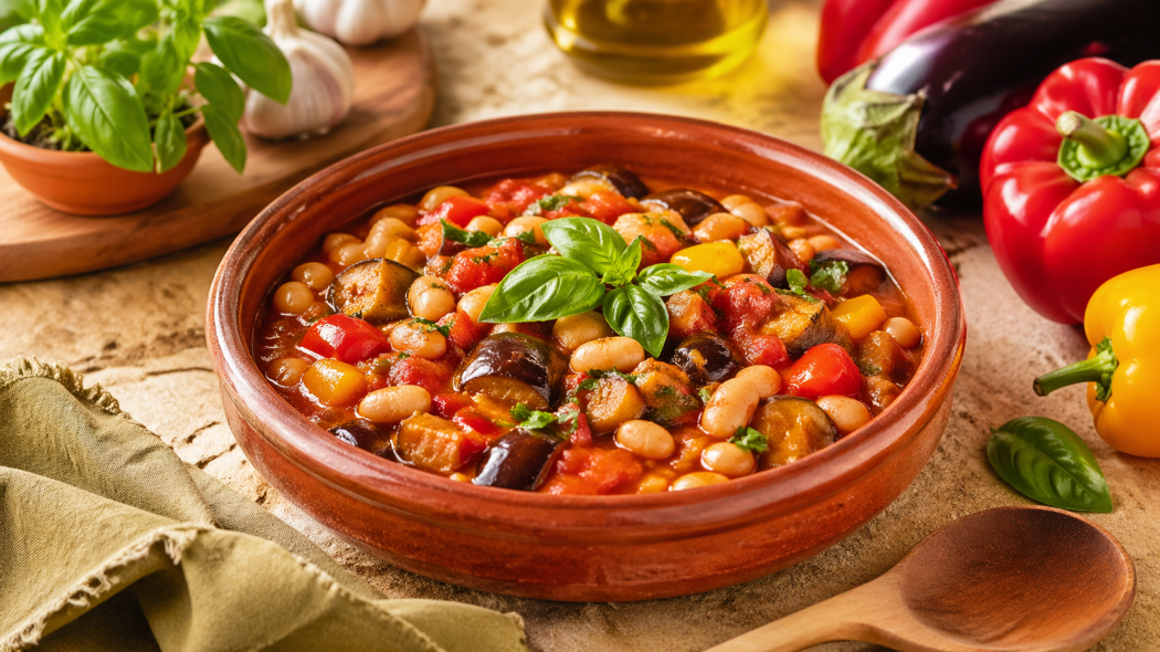 Тёплое рагу из белой фасоли, баклажанов и сладкого перца