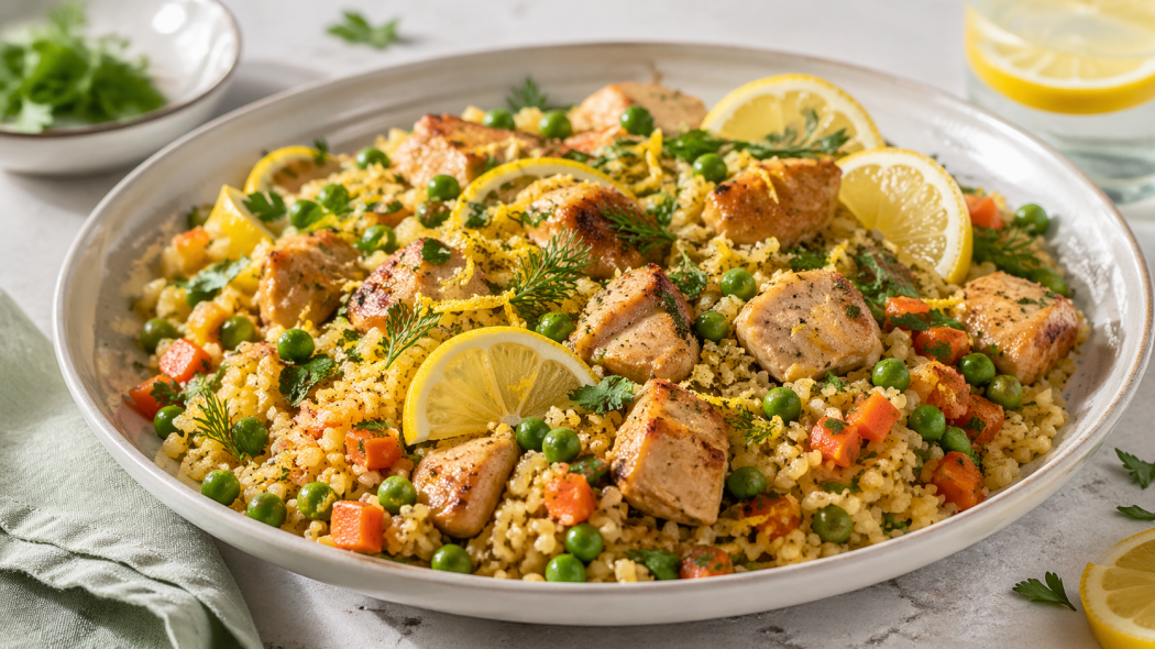 Булгур с индейкой, зелёным горошком и лимоном